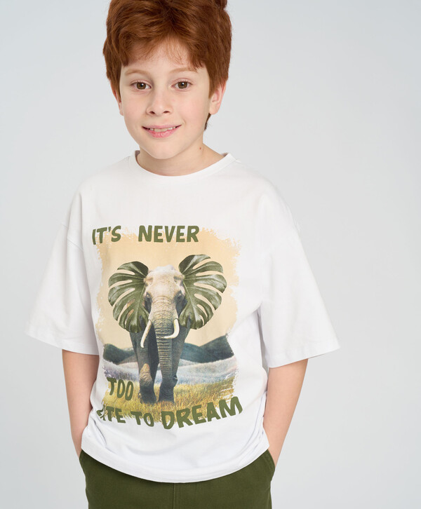 805 р.  1150 р.  Футболка с коротким рукавом для мальчика белая оверсайз с принтом Button Blue