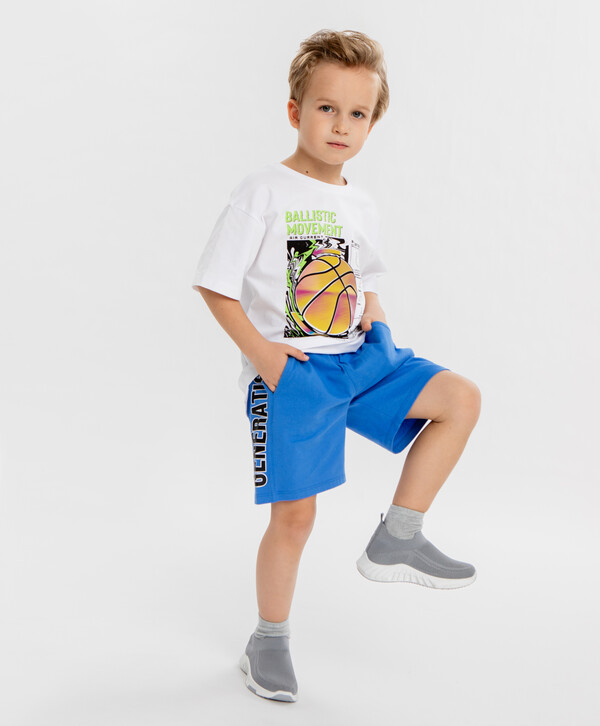 920 р.  1150 р.  Шорты с лампасами и шрифтовым принтом синие для мальчика Button Blue