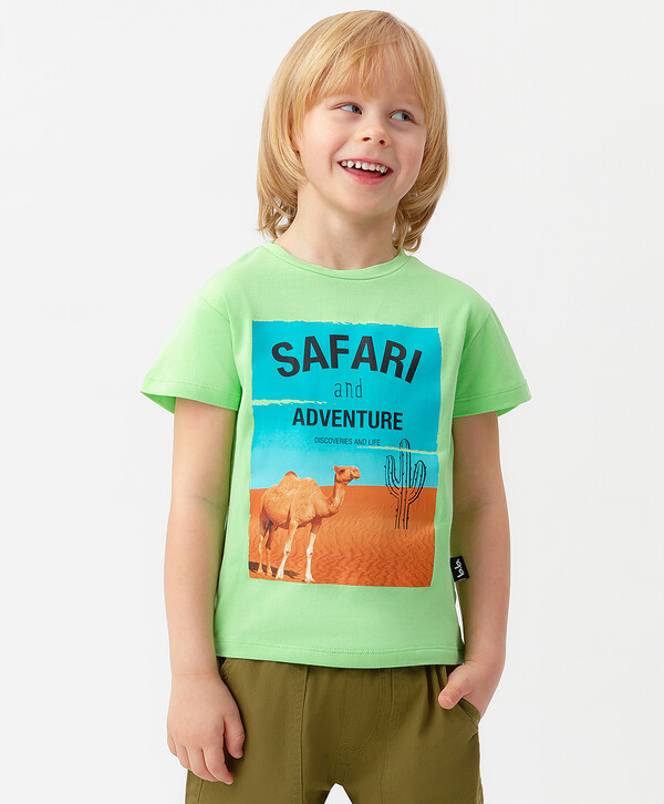 600 р.  750 р.  Футболка из хлопка с принтом салатовая для мальчика Button Blue