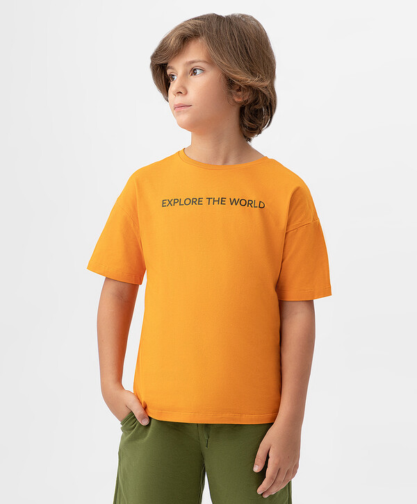 270 р. 540 р. Футболка со спущенным рукавом и принтом оранжевая Button Blue