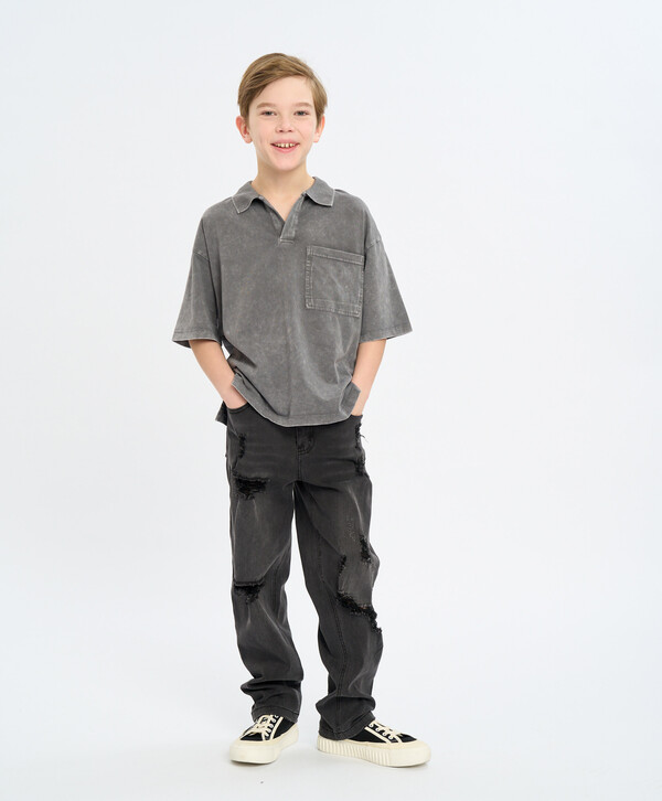 1120 р.  1600 р.  Футболка поло с коротким рукавом для мальчика серая с эффектом варки Button Blue