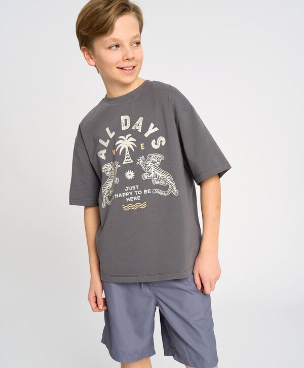 910 р.  1300 р.  Футболка с коротким рукавом для мальчика серая оверсайз с принтом Button Blue