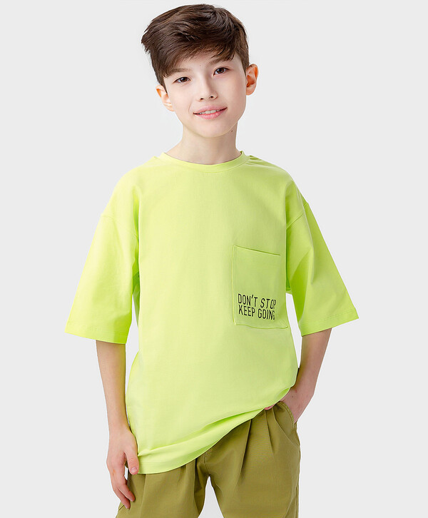 640 р.  800 р.  Футболка оверсайз хлопковая с коротким рукавом и карманом салатовая для мальчика Button Blue