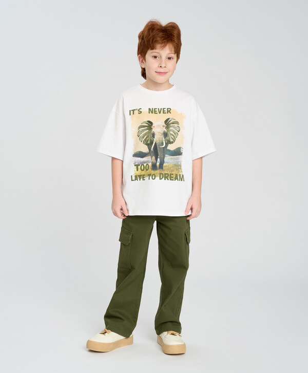 805 р.  1150 р.  Футболка с коротким рукавом для мальчика белая оверсайз с принтом Button Blue