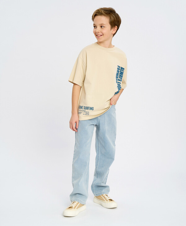 840 р.  1200 р.  Футболка с коротким рукавом для мальчика молочная оверсайз с принтом Button Blue