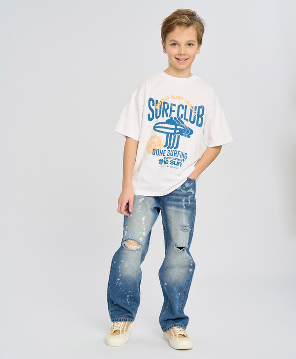 770 р.  1100 р.  Футболка с коротким рукавом для мальчика белая оверсайз с принтом Button Blue