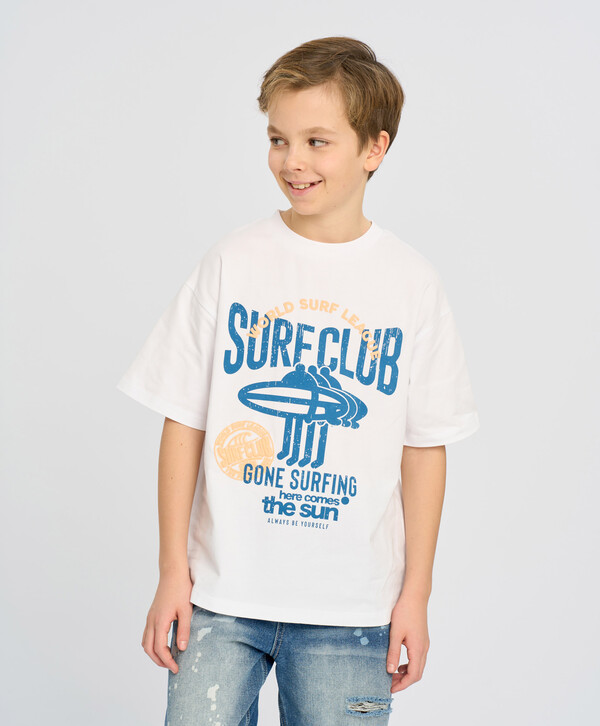 770 р.  1100 р.  Футболка с коротким рукавом для мальчика белая оверсайз с принтом Button Blue