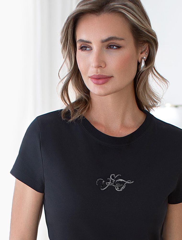 Нарядная футболка с принтом пайетками из премиального хлопка с эластаном D49.123 черный_vilatte