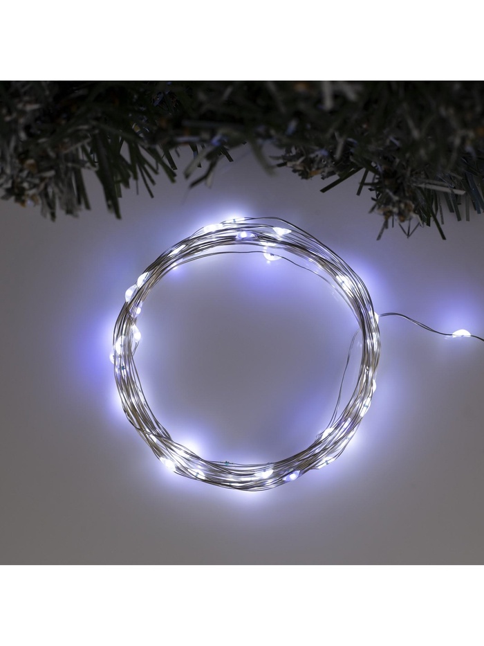Гирлянда «Нить» 5 м роса, IP20, серебристая нить, 50 LED, мерцание белым, батарейки AAх3 (нет в комплекте), свечение белое