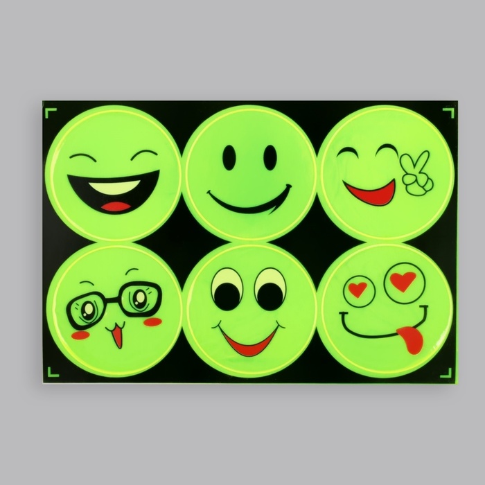 Светоотражающие наклейки «Смайлы», d=6.5 см, 6 шт. на листе, салатовые