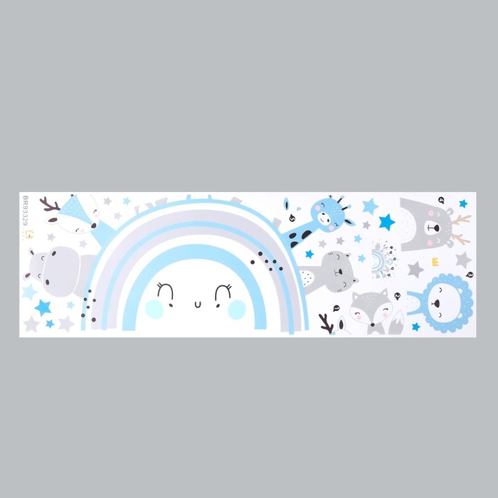 Наклейка интерьерная цветная «Милые зверята на радуге», пластик, серо-голубой, 30×90 см
