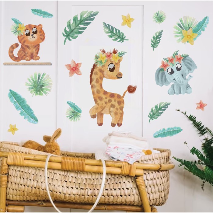 Наклейка интерьерная цветная «Зверята и экзотические цветы», 50×70 см