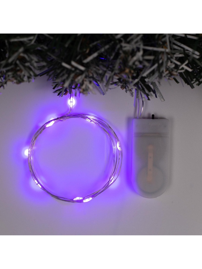 Гирлянда «Нить» 1 м роса, IP20, серебристая нить, 10 LED, батарейки CR2032×2 (в комплекте), свечение фиолетовое