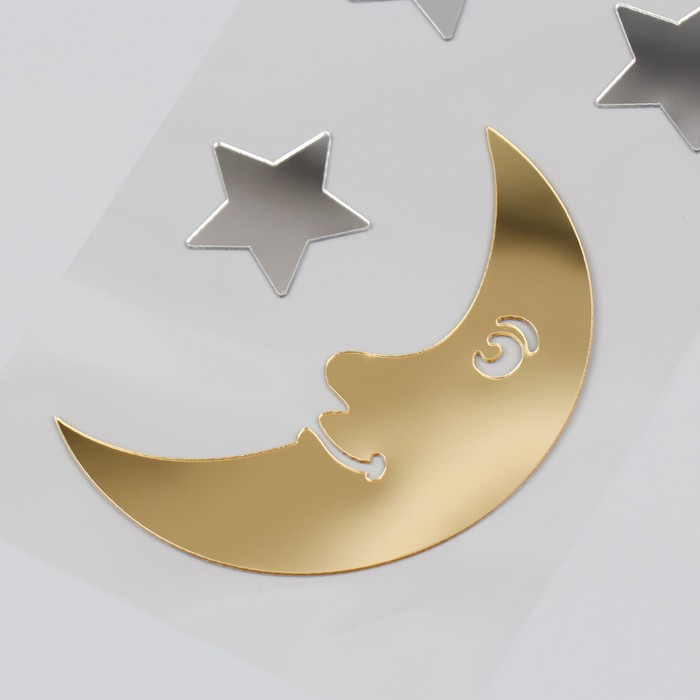 Наклейка интерьерная зеркальная «Месяц и звезды», декор на стену, панно, 20×10 см