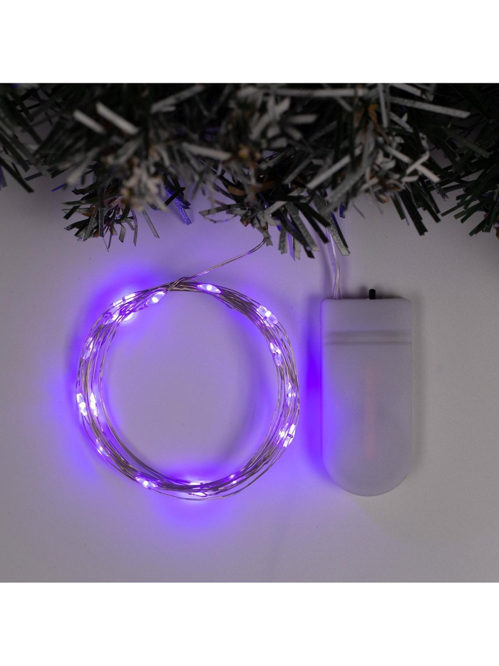 Гирлянда «Нить» 2 м роса, IP20, серебристая нить, 20 LED, батарейки CR2032×2 (в комплекте), свечение фиолетовое