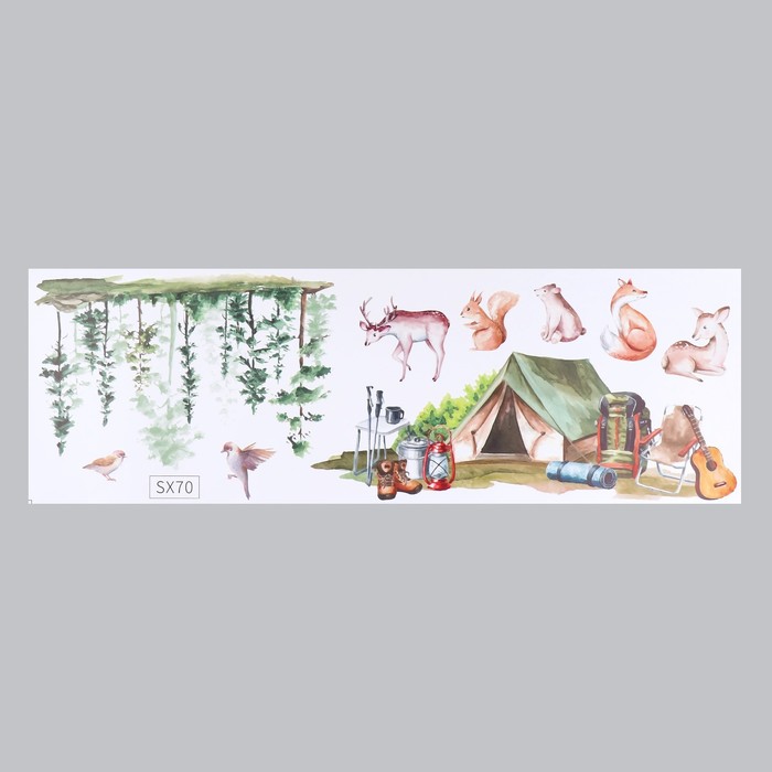 Наклейка интерьерная цветная «Палатка в лесу со зверятами», пластик, 30×90 см