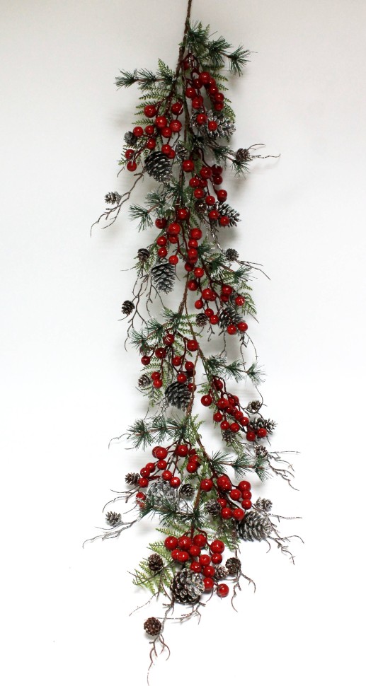 ЛЗ12039 Б/С Лиана еловая серебристая мерцающая с ягодами и шишками 120см