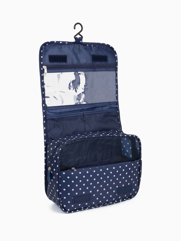Косметичка-несессер дорожная на молнии, липучках, с крючком, с ручкой, в горошек, тёмно-синяя