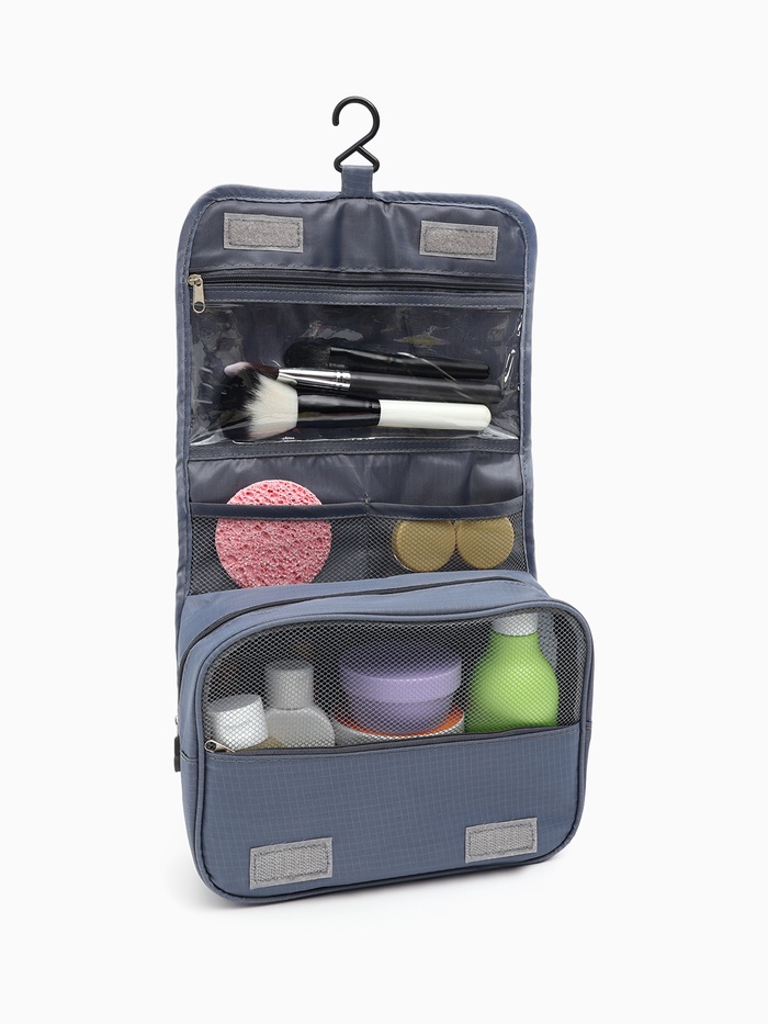 Косметичка-несессер дорожная на молнии, липучках, с крючком, с ручкой, однотонная, серая