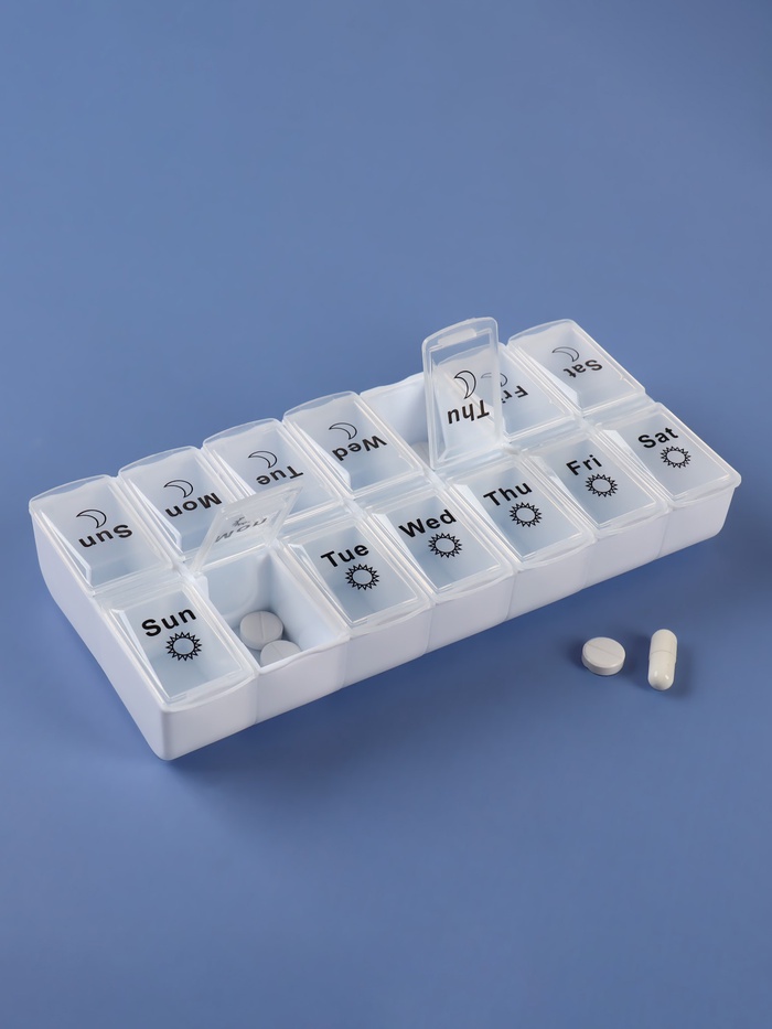 Таблетница - органайзер «Неделька», со съёмными ячейками, утро/вечер, 18.8×9×3 см, 7 контейнеров по 2 ячейки, белая