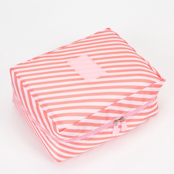 Косметичка-органайзер дорожная на молнии, с карманами, с полосками, розовая