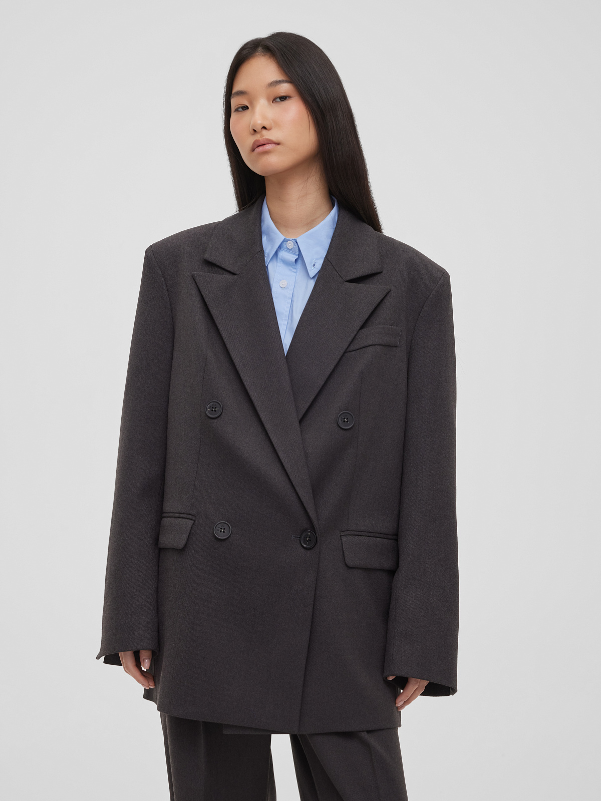 Жакет свободного кроя двубортный, графитовый