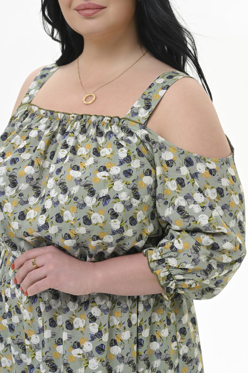 Платье из штапеля с приоткрытыми плечами, вискоза, принт фисташковый