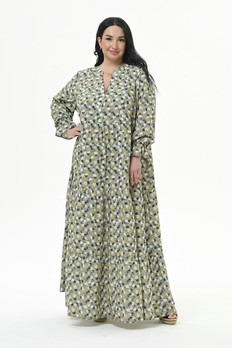 Платье длинное, с тунисским вырезом, каскадное, штапель фисташковый, принт растительный