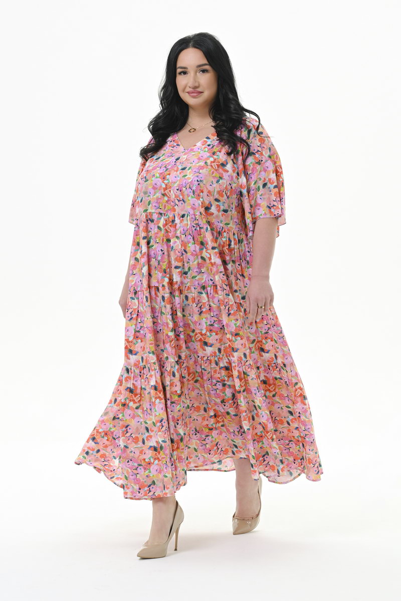 Платье каскадное, с V-вырезом, штапель, принт