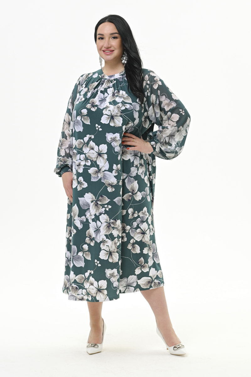 Платье комбинированное, масло/шифон, изумрудное, принт цветочный