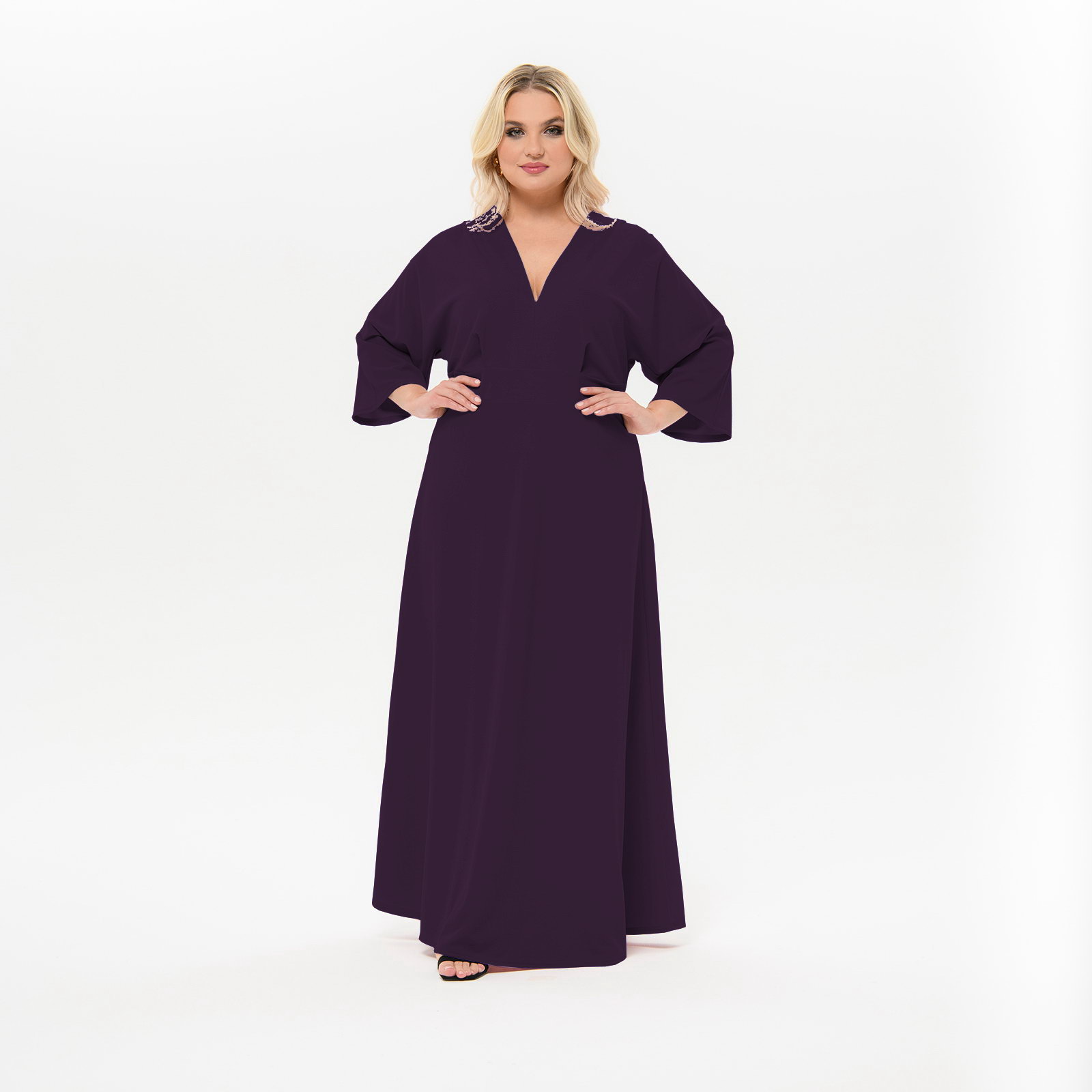 Платье длинное с V- вырезом, бургунди