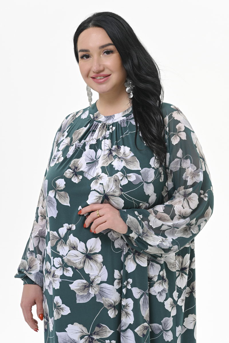 Платье комбинированное, масло/шифон, изумрудное, принт цветочный