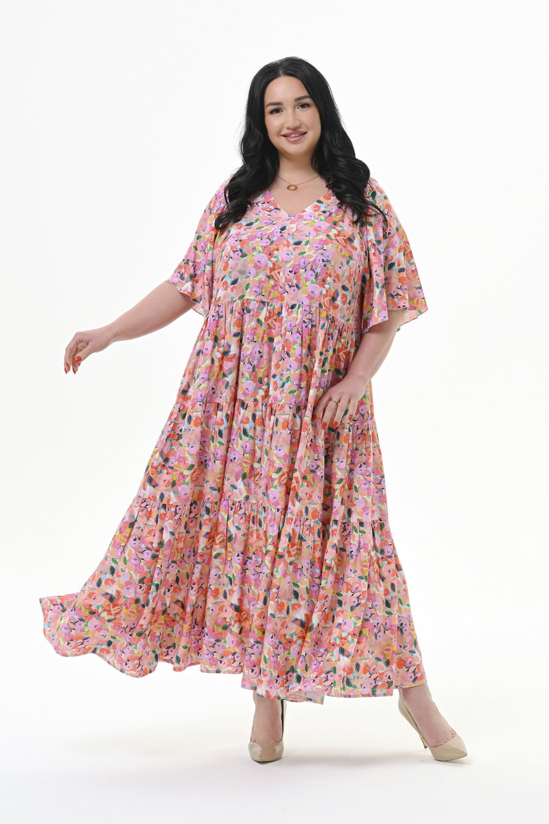 Платье каскадное, с V-вырезом, штапель, принт