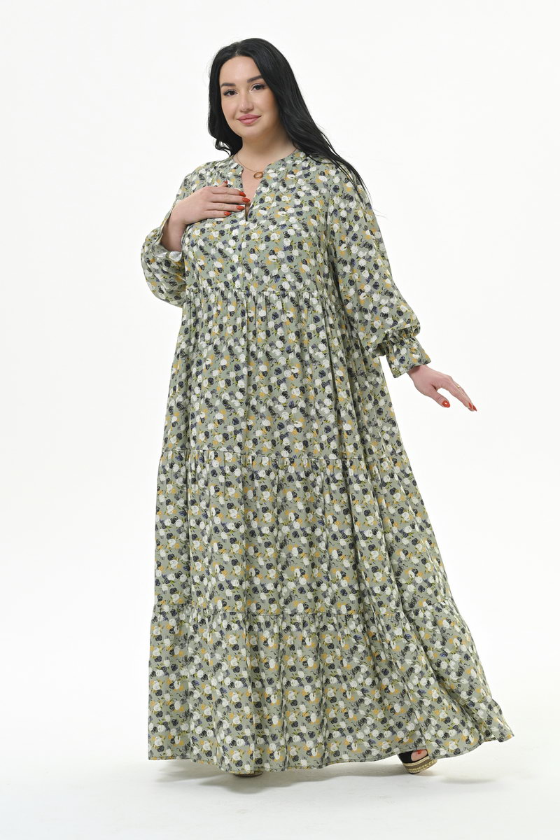 Платье длинное, с тунисским вырезом, каскадное, штапель фисташковый, принт растительный
