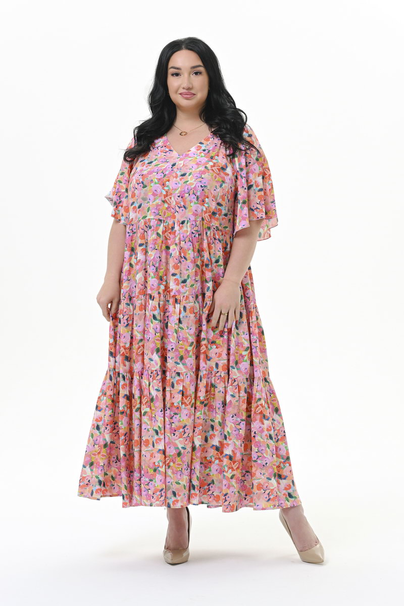 Платье каскадное, с V-вырезом, штапель, принт