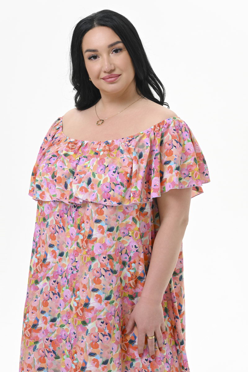 Платье из штапеля с воланом по горловине, принт