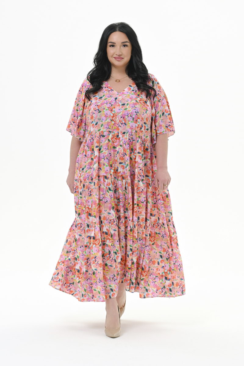 Платье каскадное, с V-вырезом, штапель, принт