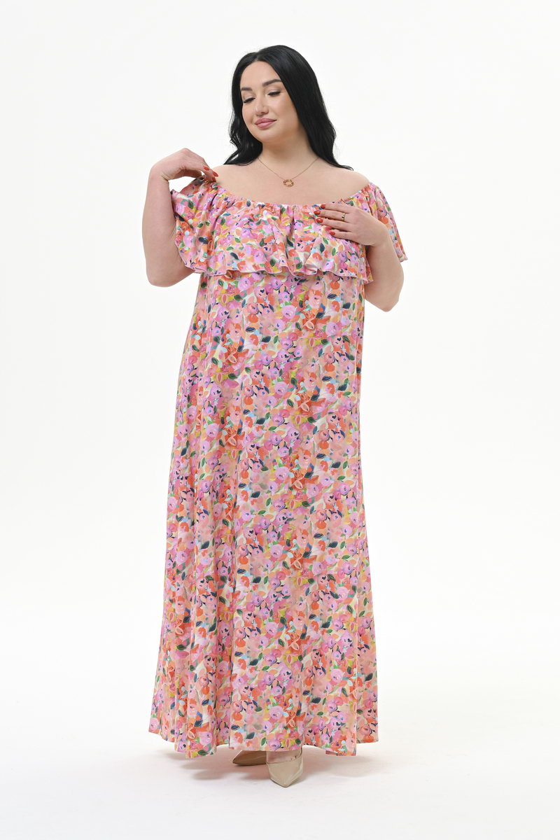 Платье из штапеля с воланом по горловине, принт