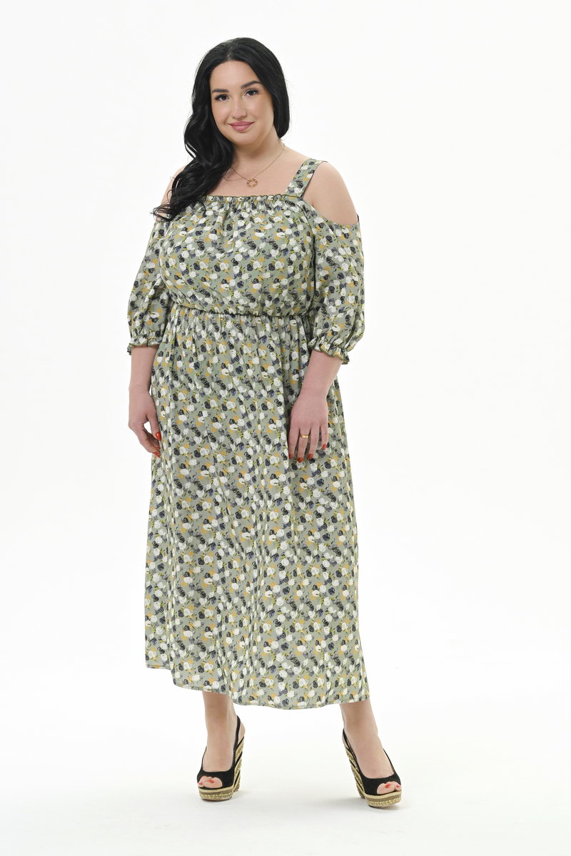 Платье из штапеля с приоткрытыми плечами, вискоза, принт фисташковый