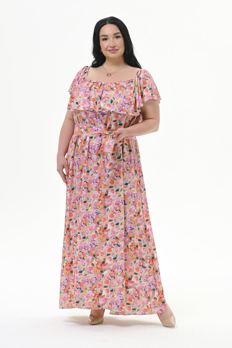 Платье из штапеля с воланом по горловине, принт