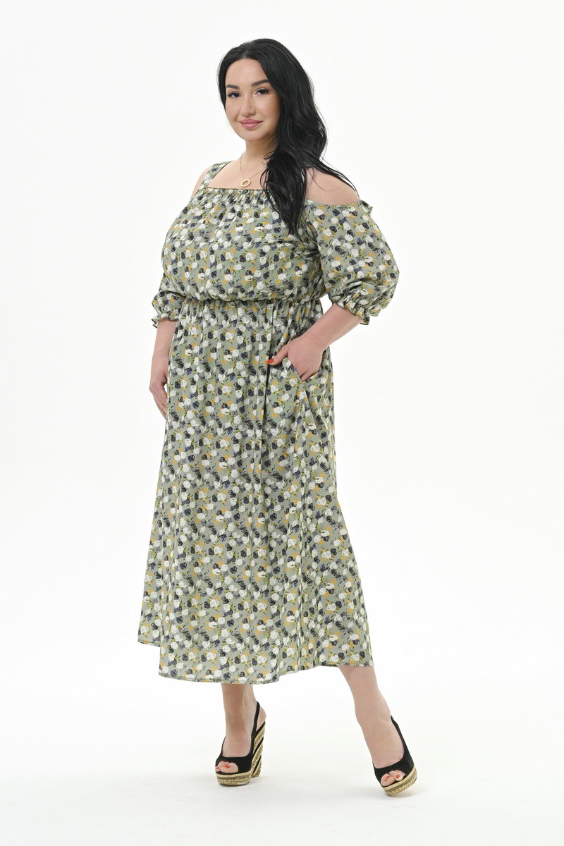 Платье из штапеля с приоткрытыми плечами, вискоза, принт фисташковый