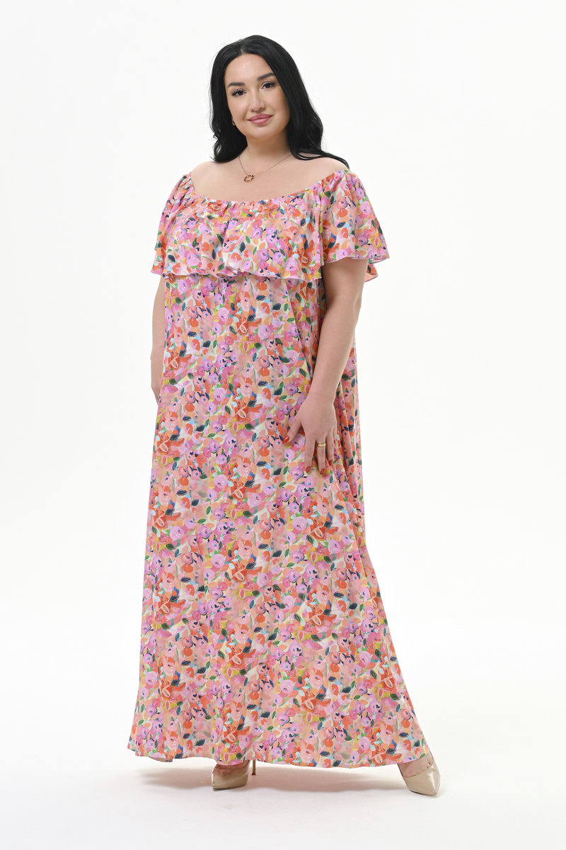 Платье из штапеля с воланом по горловине, принт