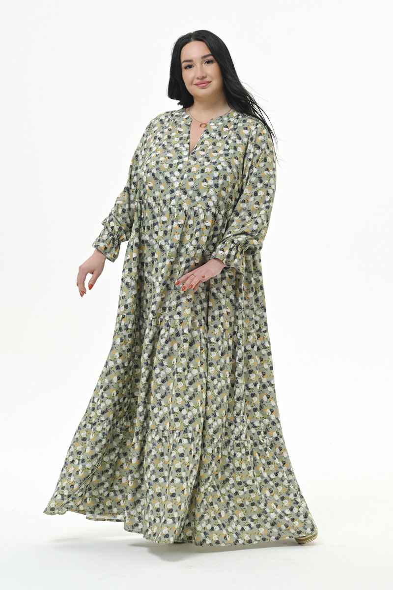 Платье длинное, с тунисским вырезом, каскадное, штапель фисташковый, принт растительный