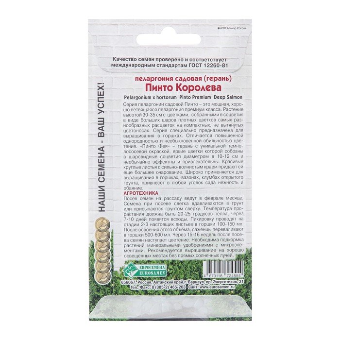 Семена пеларгония садовая «Пинто Королева», 3 шт.