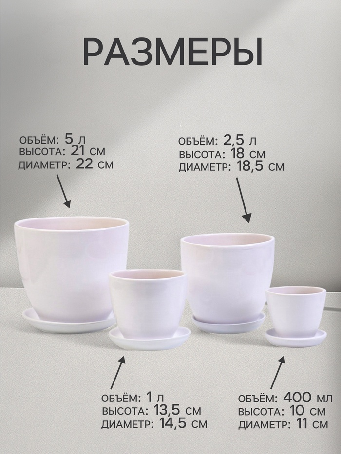 Горшок для цветов «Белый», керамика, с поддоном, набор 4 шт.: 400 мл, 1 л, 2.5 л, 5 л