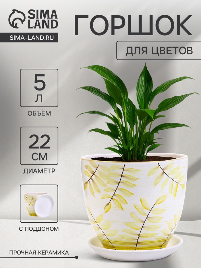 Горшок для цветов «Тропики », 5 л, d=22 см, h=19.5 см, с поддоном, керамика, белый