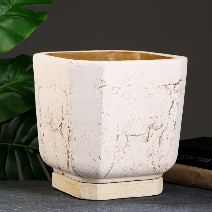 Горшок для цветов «Омега», 10 л, 27×27×25 см, керамика, с поддоном, бежевый