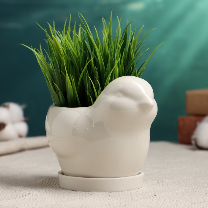 Горшок для цветов «Птичка», 250 мл, 12×8.5 см, керамика, с поддоном, белый, Greengo