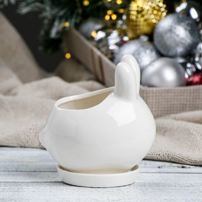 Декоративный горшок для цветов «Зайчик», 200 мл, 9.7×7.7×5.9 см, керамический, с поддоном, белый