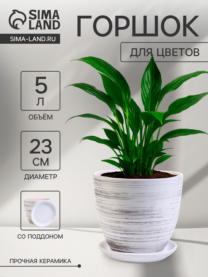 Горшок для цветов «День», 5 л, d=23 см, h=21 см, керамика, с поддоном, белый